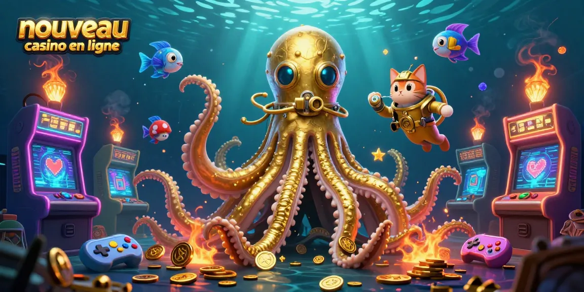Illustration d'un nouveau casino en ligne avec un kraken et un chat plongeur parmi des machines de jeu colorées.