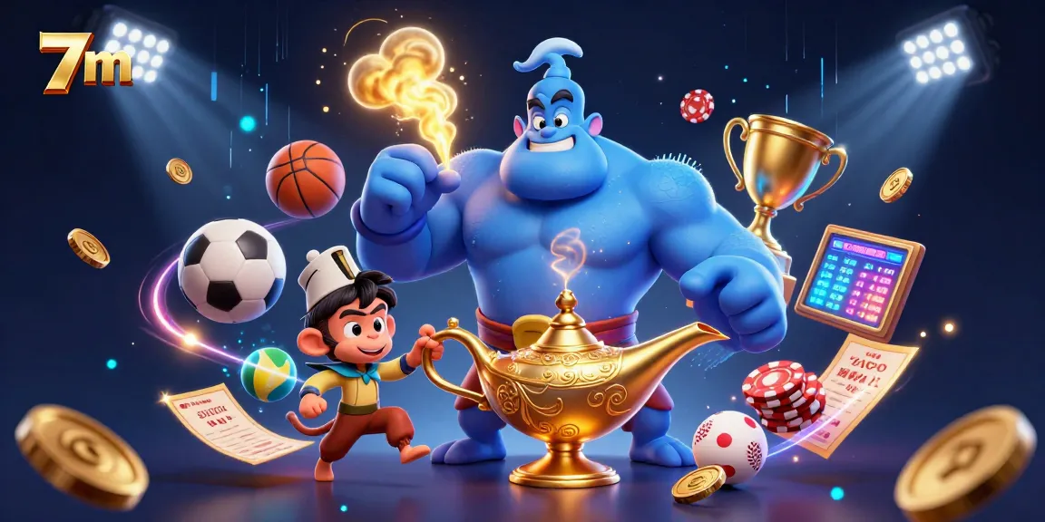 Experience the excitement of 7m with a dynamic 3D illustration showcasing sports elements and magic.