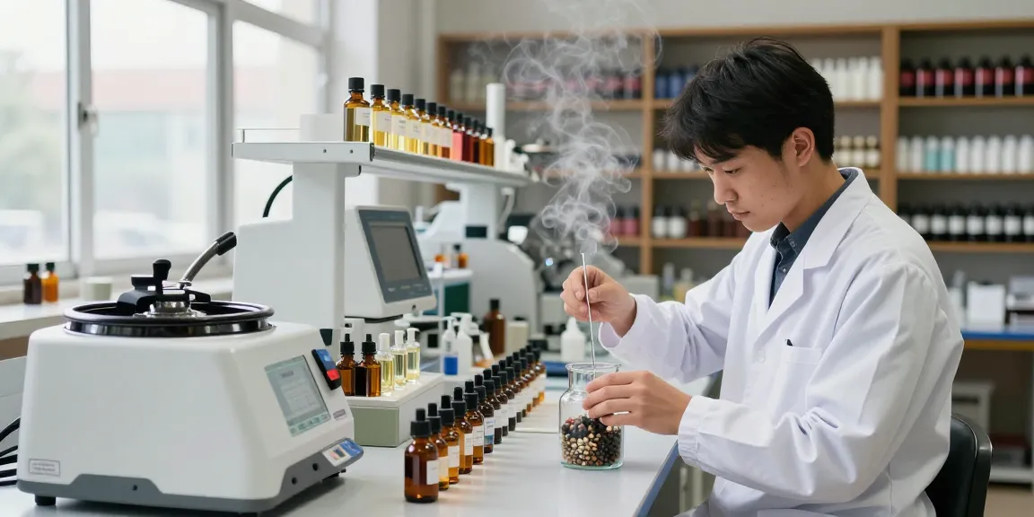 Fragrance Beads Manufacturer mixing essential oils in a modern lab for air diffusion.
