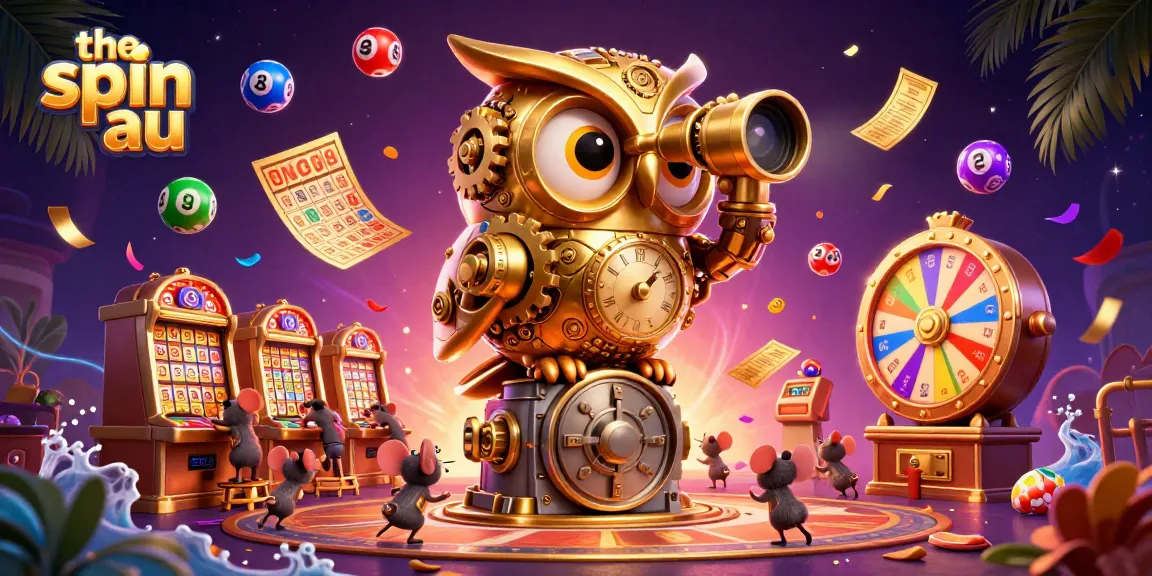 The spin au showcases a lively 3D illustration of a golden owl scanning a vibrant casino scene filled with exciting lottery elements.