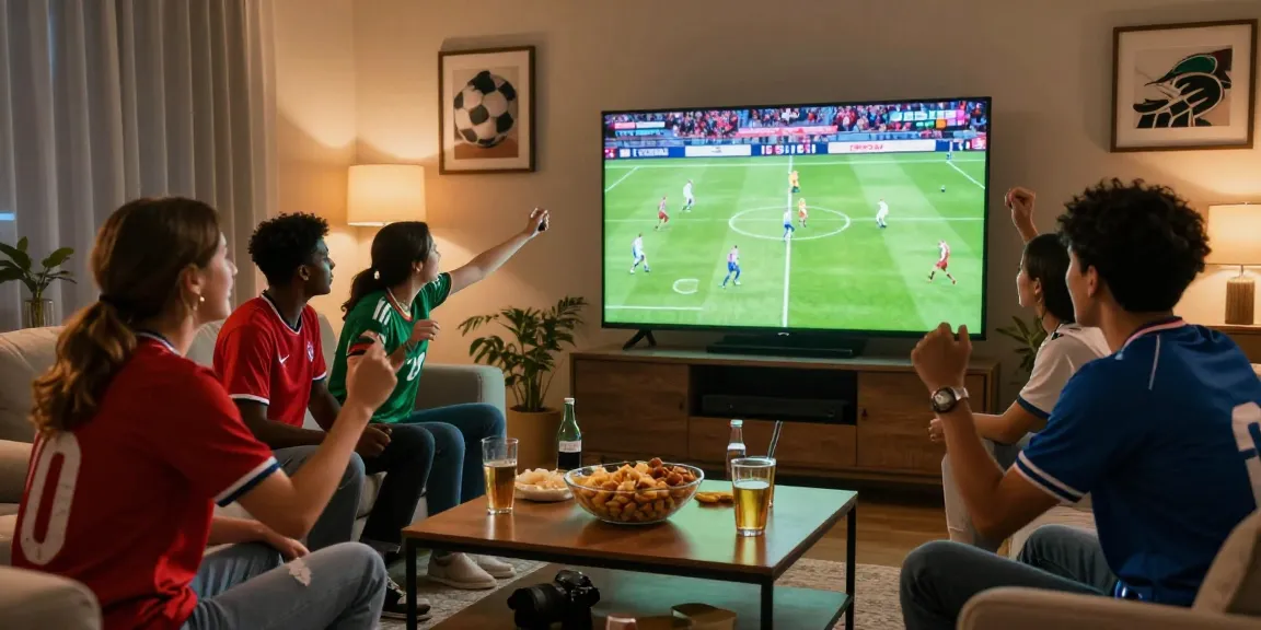 Teman menikmati tayangan GLOWING88 sambil menonton pertandingan olahraga dengan semangat di ruang tamu.