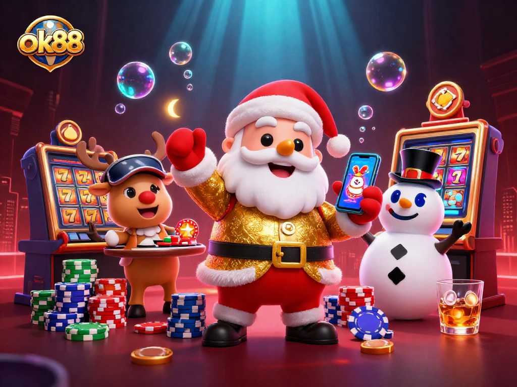 Experience the thrill of jackpots with ok88 in this vibrant casino scene featuring animated slot action and festive characters.