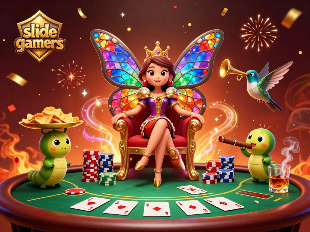 Experience thrilling gameplay with slidegamers, featuring a dynamic poker scene and delightful cartoon characters.
