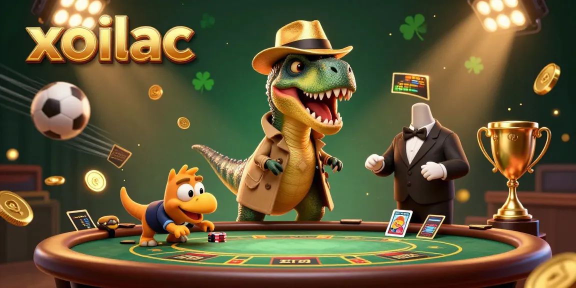 Xoilac showcases a cartoon velociraptor card counter and stegosaurus pit boss in a vibrant gambling scene.