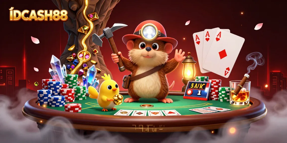 IDCASH88 features a treasure hunter mole and canary in a vibrant casino scene with poker elements.