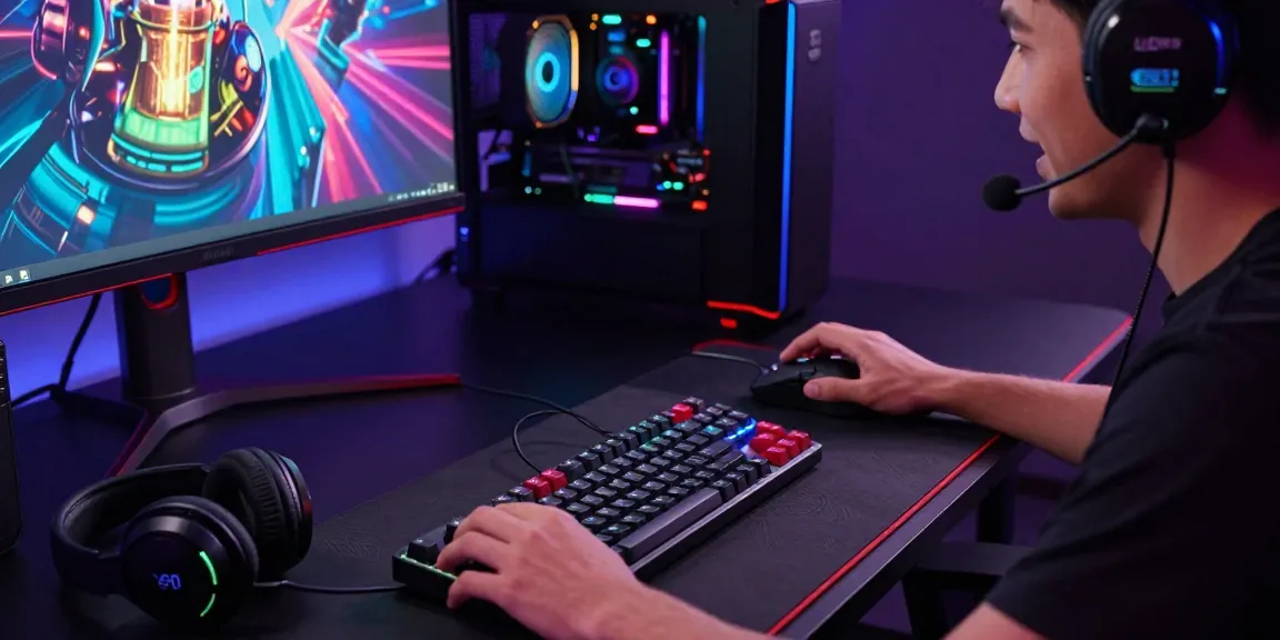 The fuzzy 60 v2 keyboard showcased in a vibrant gaming setup with enthusiastic gamer, LED lights, and custom keycaps.