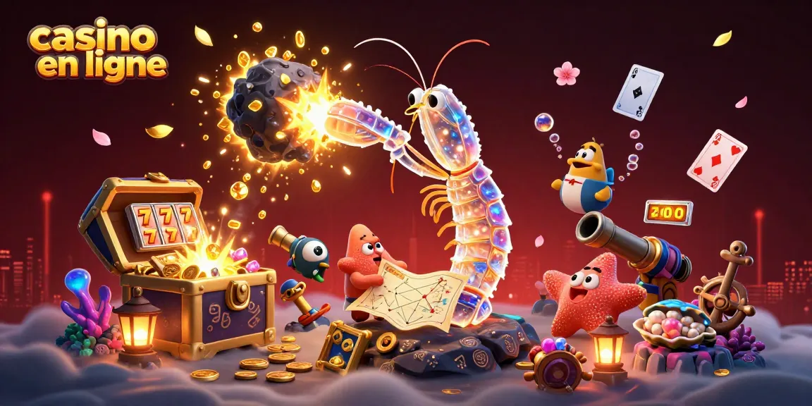 Casino en ligne: illustration d'un samouraï mante avec un trésor brillant et des éléments de jeu.