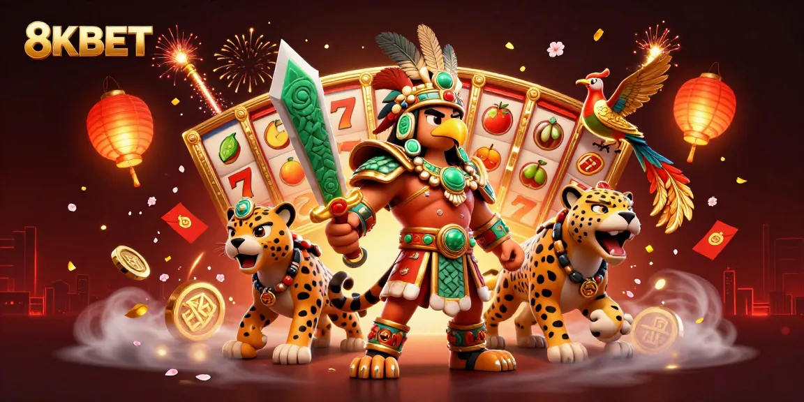 Experience thrilling gaming with 8KBET's vibrant slot scene featuring dynamic characters and rich casino elements.
