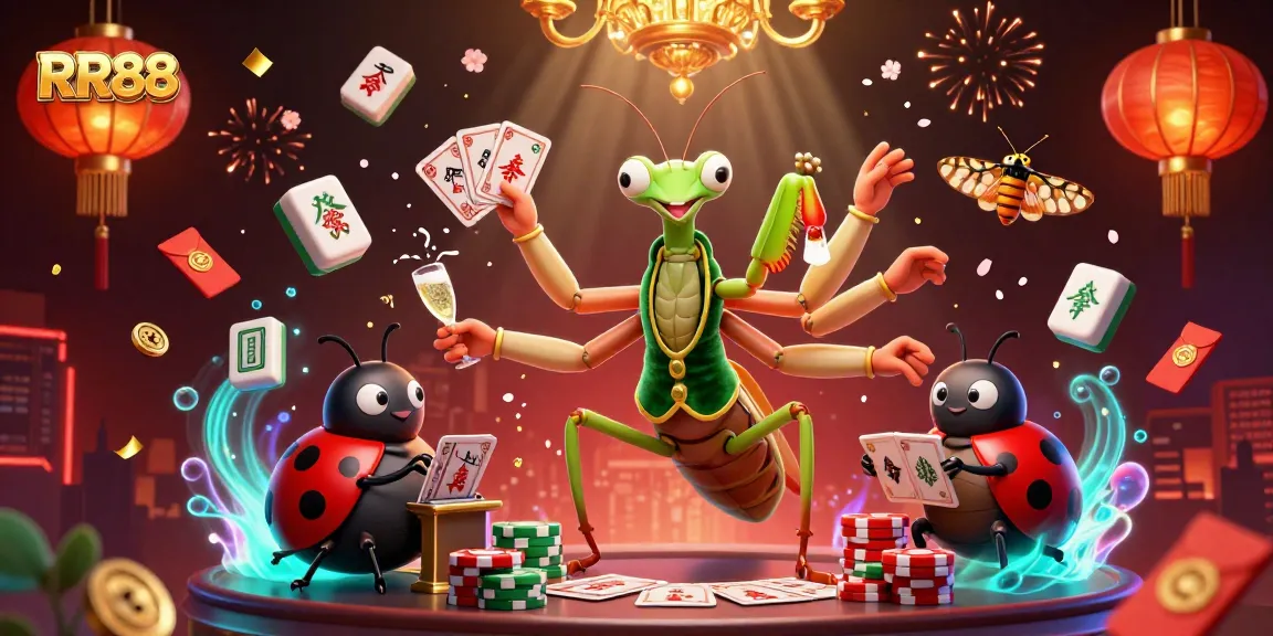 Engage with RR88's vibrant casino world as a giant mantis and ladybug uphold the thrill of gaming.