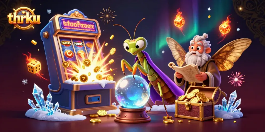 Engage in thrilling action at thrku with a vibrant casino scene featuring characters and slot machines.