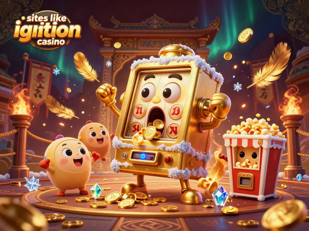 Experience excitement with sites like ignition casino, as a golden slot machine hits a jackpot surrounded by cheering friends.