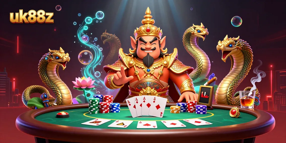 Engage with uk88z's thrilling poker world featuring a charismatic yaksha guardian and vibrant casino elements.