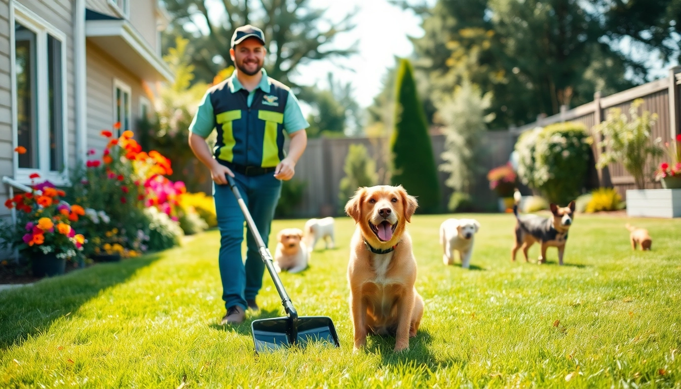 Dog waste removal services technician cleaning a yard, ensuring a clean and safe environment.