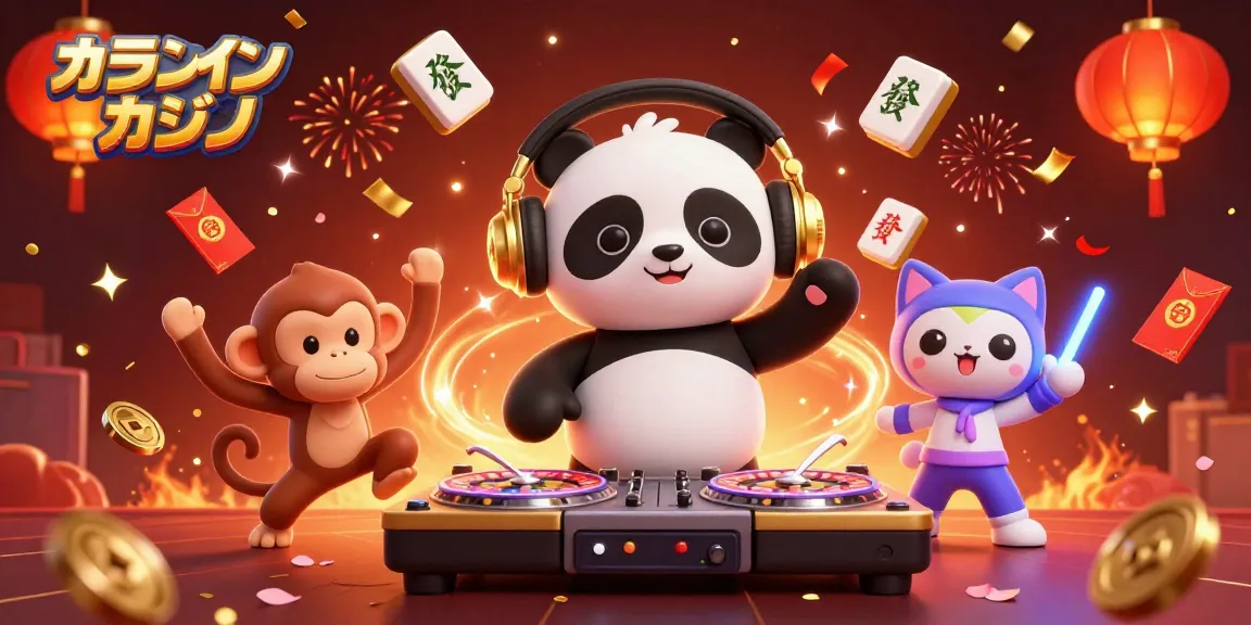 オンラインカジノで楽しむための豪華な3Dイラスト、DJパンダとダンスするモンキー