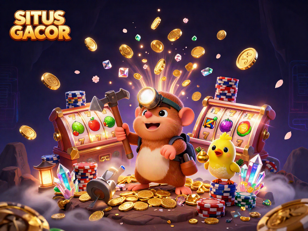 SITUS GACOR showcases a treasure hunter mole amidst dynamic slots and poker elements, emphasizing winning potential.