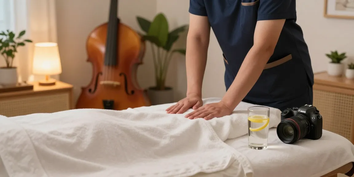Relaxing home massage preparation scene for 부평출장안마 with calming elements and professional setup.