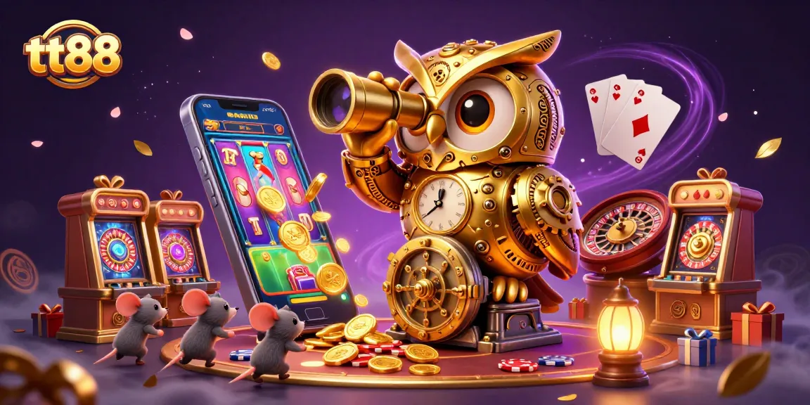 Experience thrilling slots with tt88's cartoon owl and playful mice on a vibrant casino floor.