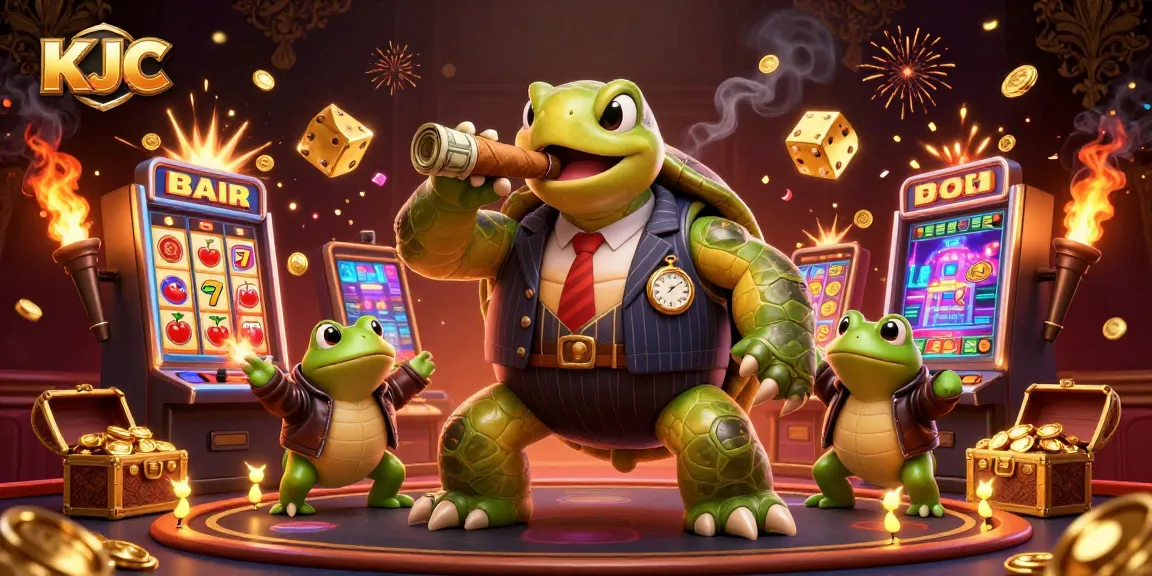 KJC showcases an exciting casino scene with a turtle mobster and frog enforcers amidst jackpot thrills.