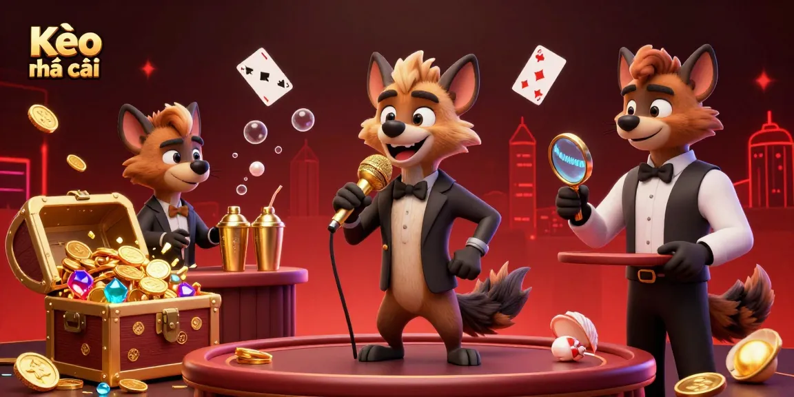 Kèo nhà cái highlights a lively casino atmosphere with hyenas as entertainers and bartenders, showcasing vibrant visuals.
