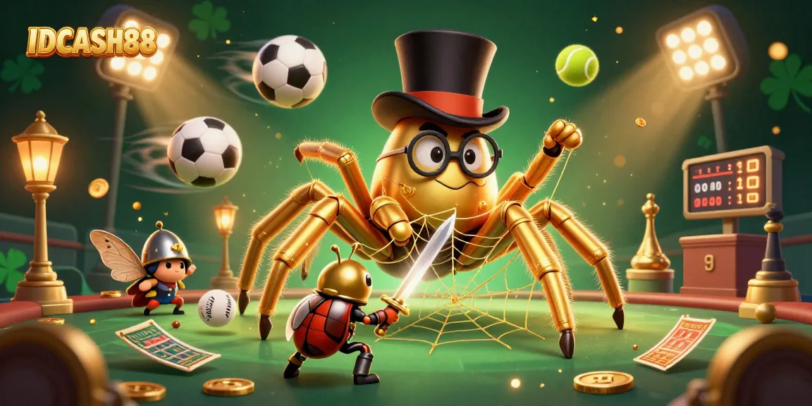 Engage with IDCASH88 in this vibrant casino scene featuring a golden tarantula and beetle knight.
