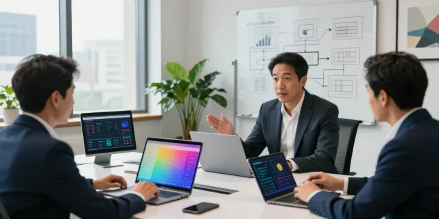 Michael Rustom consulting clients in a modern office with technology solutions.