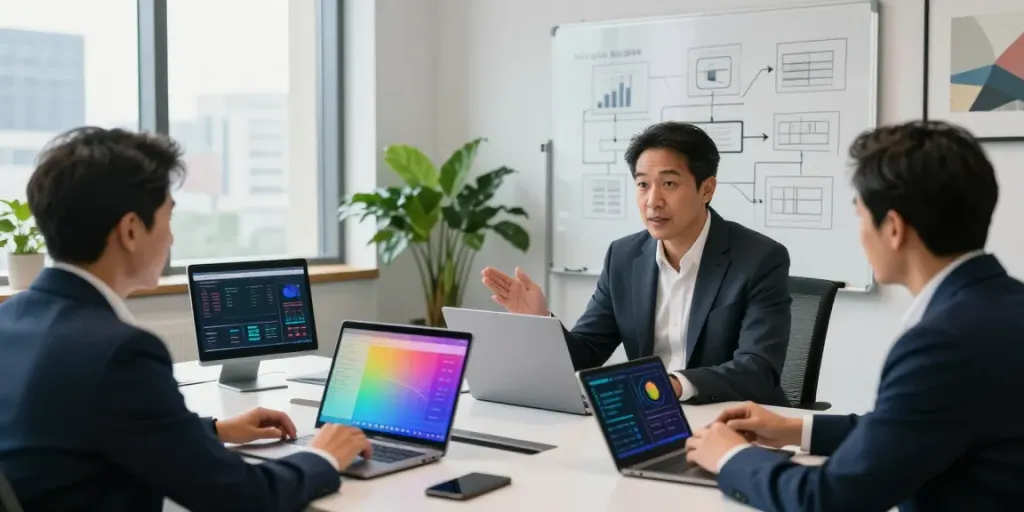 Michael Rustom consulting clients in a modern office with technology solutions.