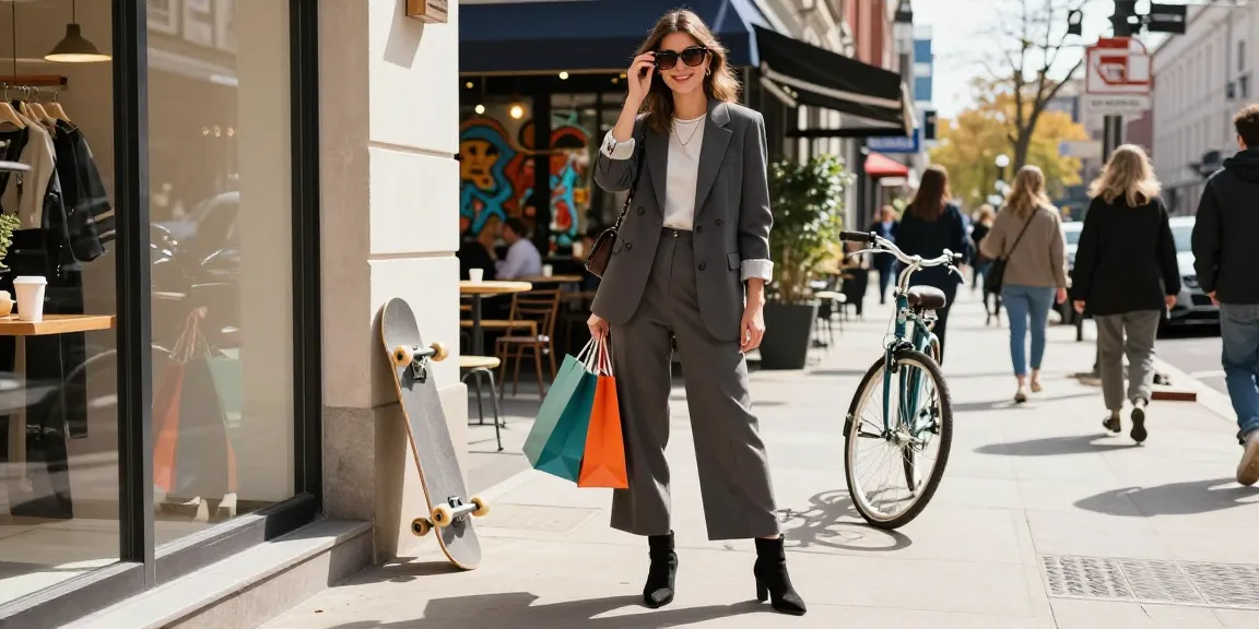 Stylish woman cheered by un consulente d'immagine, con occhiali e shopping bags in una vivace atmosfera urbana.