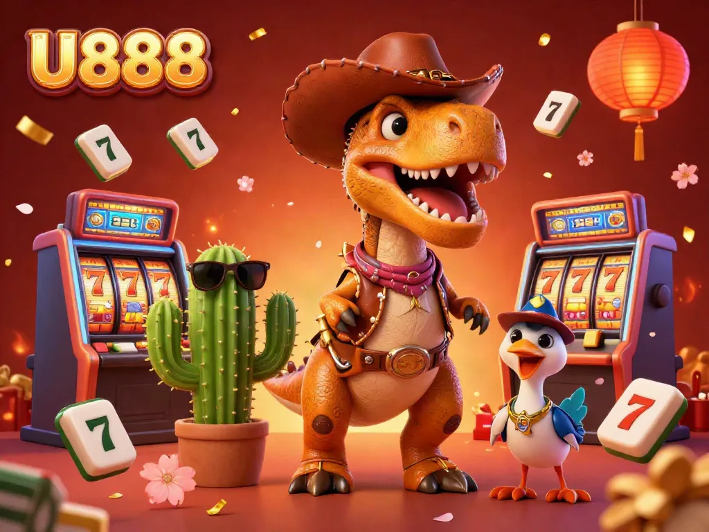 Experience thrilling gaming at U888 with a vibrant casino scene featuring cartoon characters and dynamic game elements.