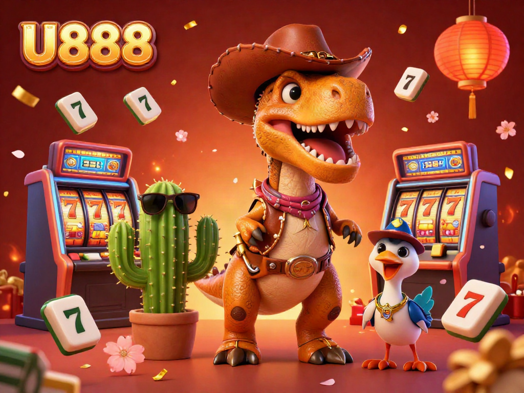 Experience thrilling gaming at U888 with a vibrant casino scene featuring cartoon characters and dynamic game elements.