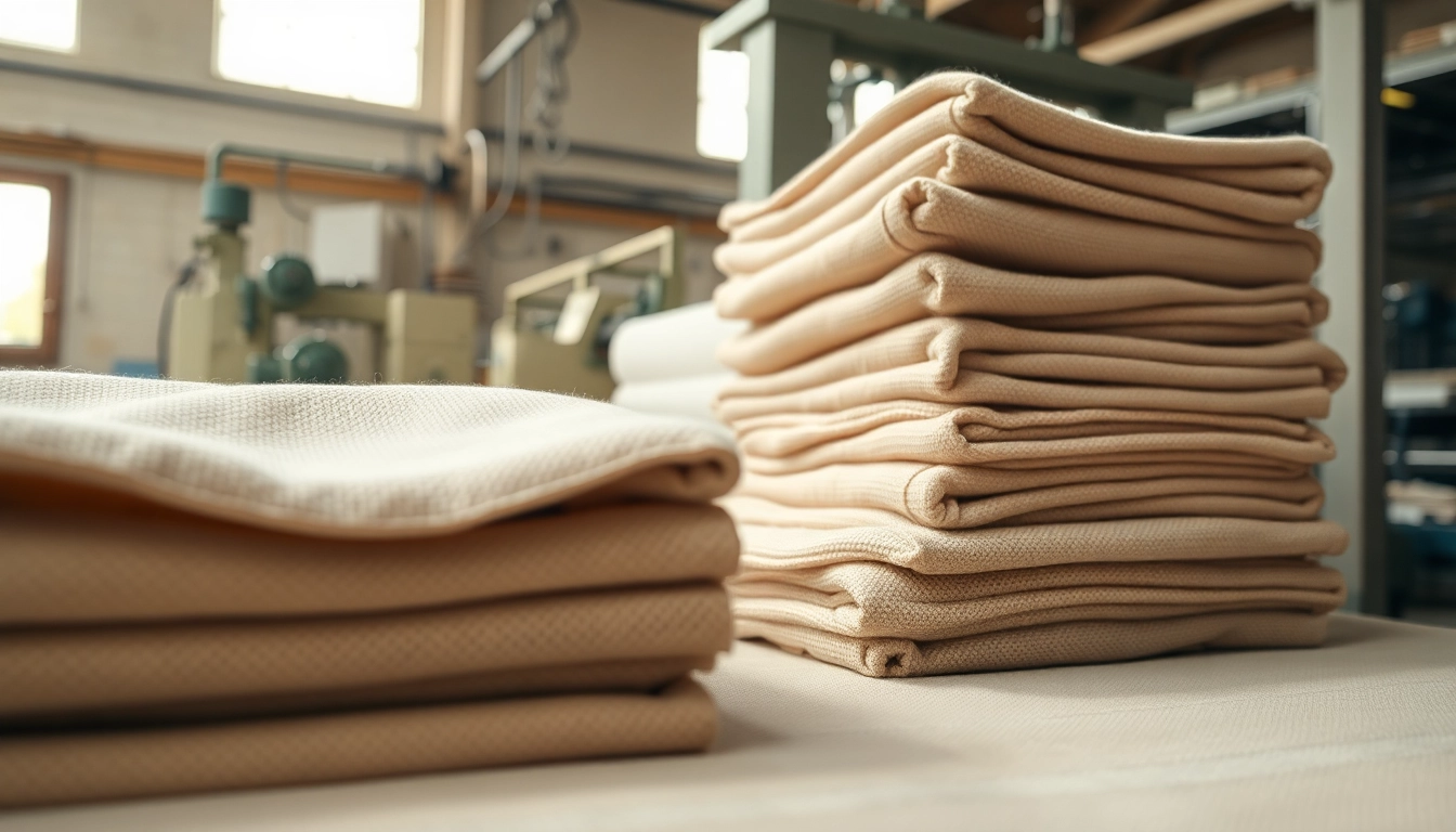 Katoen stof mooi uitgestald in een textielwerkplaats, benadrukt de rijke texturen en aardse kleuren.