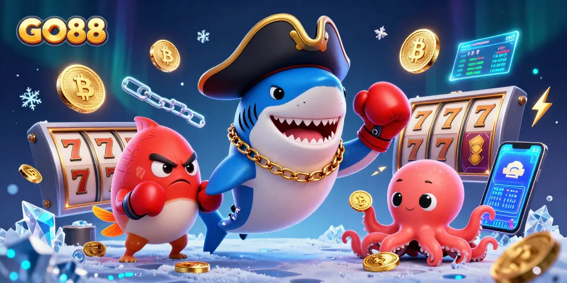 Engage with GO88’s vibrant casino scene featuring a shark, pufferfish, and octopus celebrating wins.