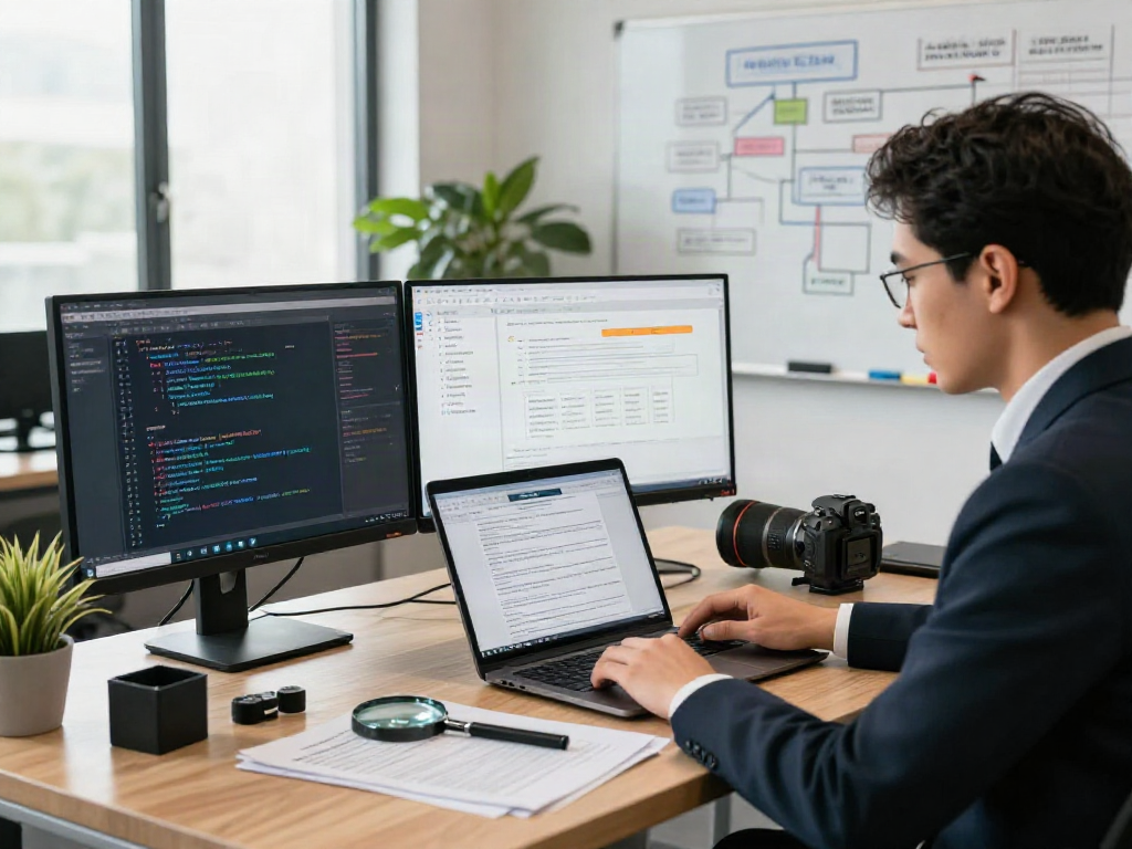 Analyst reviewing document fraud detection solution on dual monitors in modern office.
