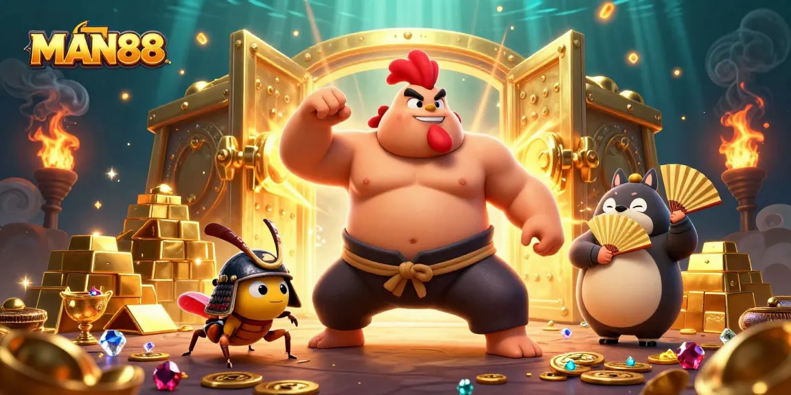 Experience thrill at MAN88 with a powerful sumo rooster and samurai cricket amidst golden treasures.