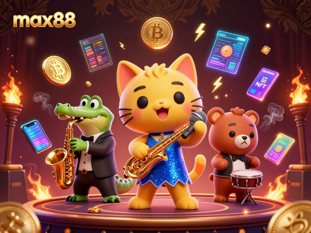Experience max88 with vibrant casino characters amidst cryptocurrency elements in a lively 3D illustration.