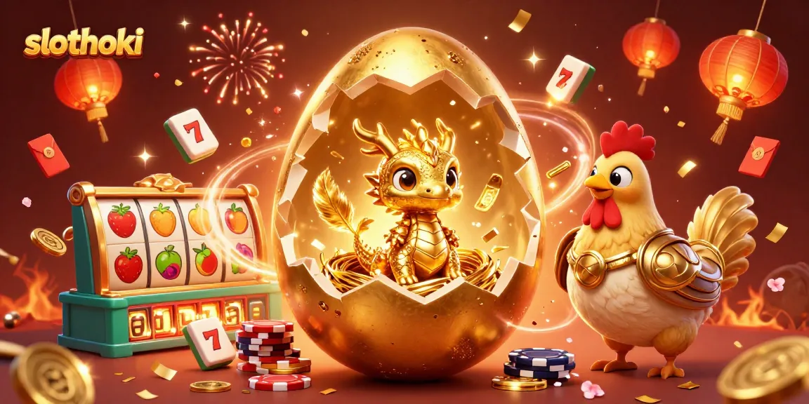 Slothoki hadir dengan ilustrasi 3D menakjubkan, menampilkan naga emas dan simbol slot yang ceria.