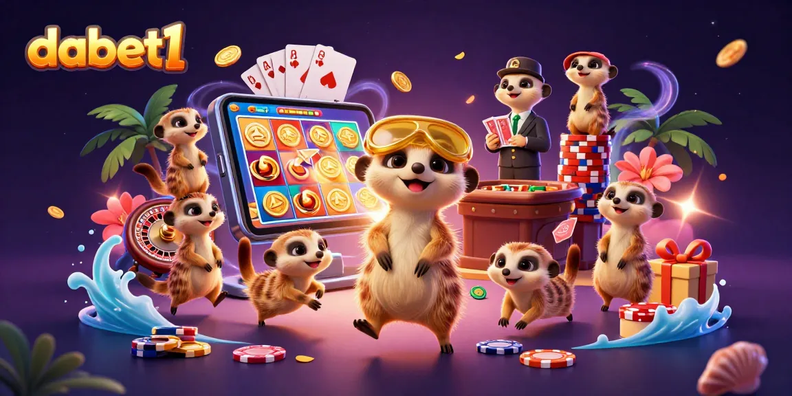 dabet1 casino meerkats engaging in card games and slot action with vibrant gaming elements.