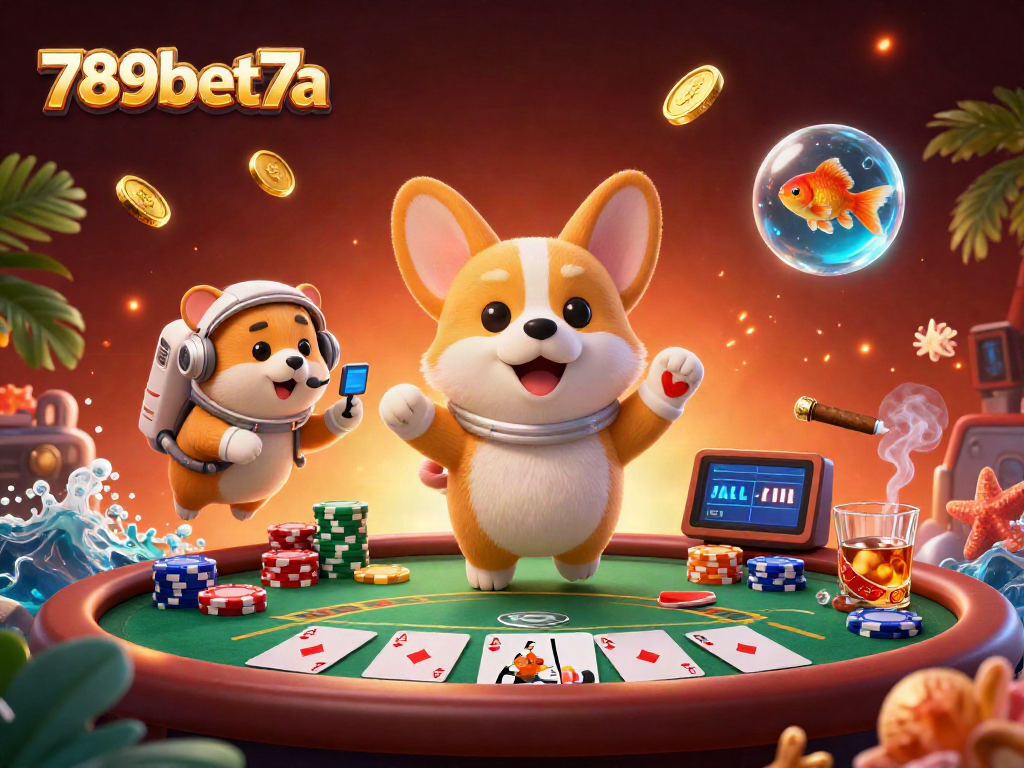 Engage with 789bet7a in a vibrant space casino scene featuring an astronaut corgi, hamster, and goldfish.