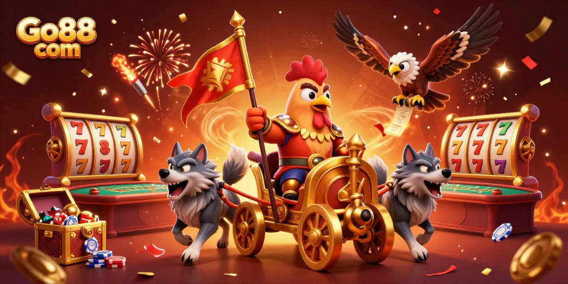 Engage with the thrilling world of Go88 com featuring a rooster warlord and dynamic casino elements.