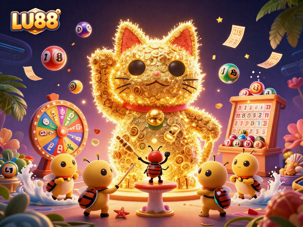 LU88 showcases a vibrant casino scene with a golden lucky cat, enhancing your betting experience.