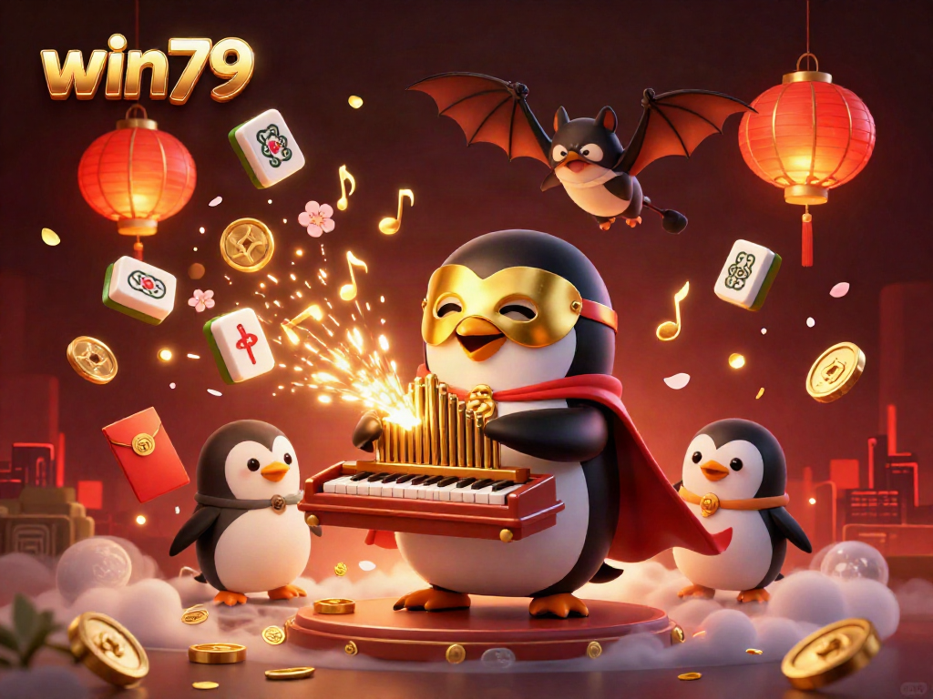 Experience the excitement of win79 with a whimsical casino scene featuring a golden-masked penguin and dynamic gaming elements.