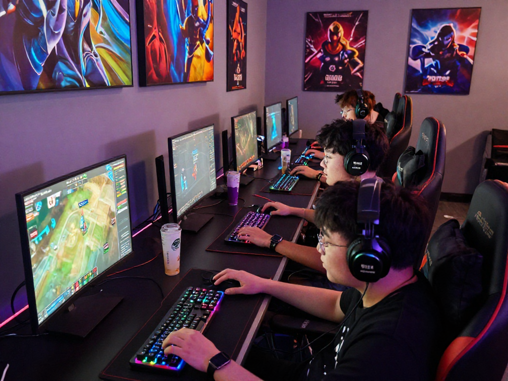 Bola88 online gaming competition scene with diverse players, colorful LED monitors, and vibrant atmosphere.
