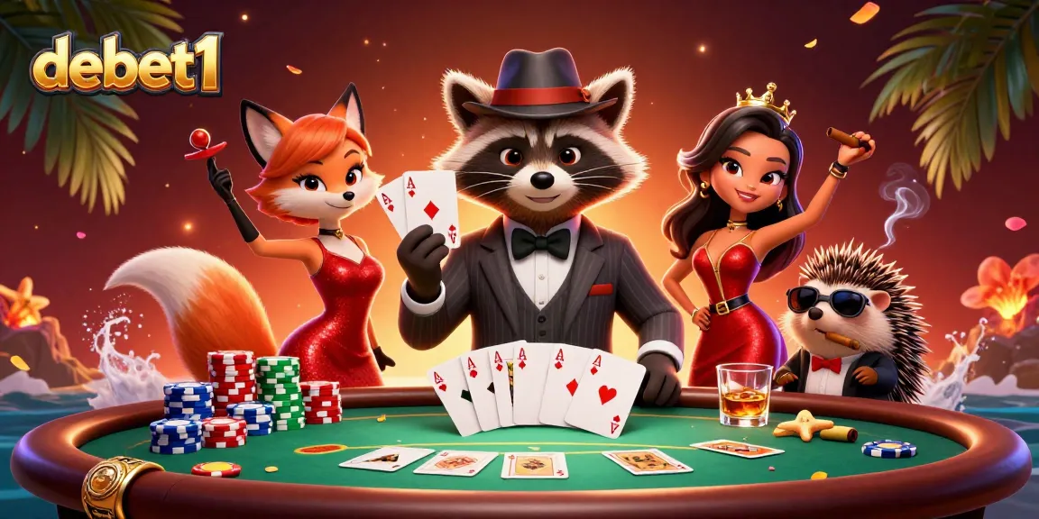 Engage in excitement with debet1 at a vibrant poker scene featuring a suave raccoon, dazzling fox, and attentive hedgehog.