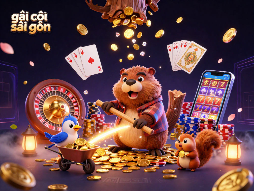 Engage with the vibrant scene of gambling adventure with gái gọi sài gòn, featuring playful beavers collecting golden coins.