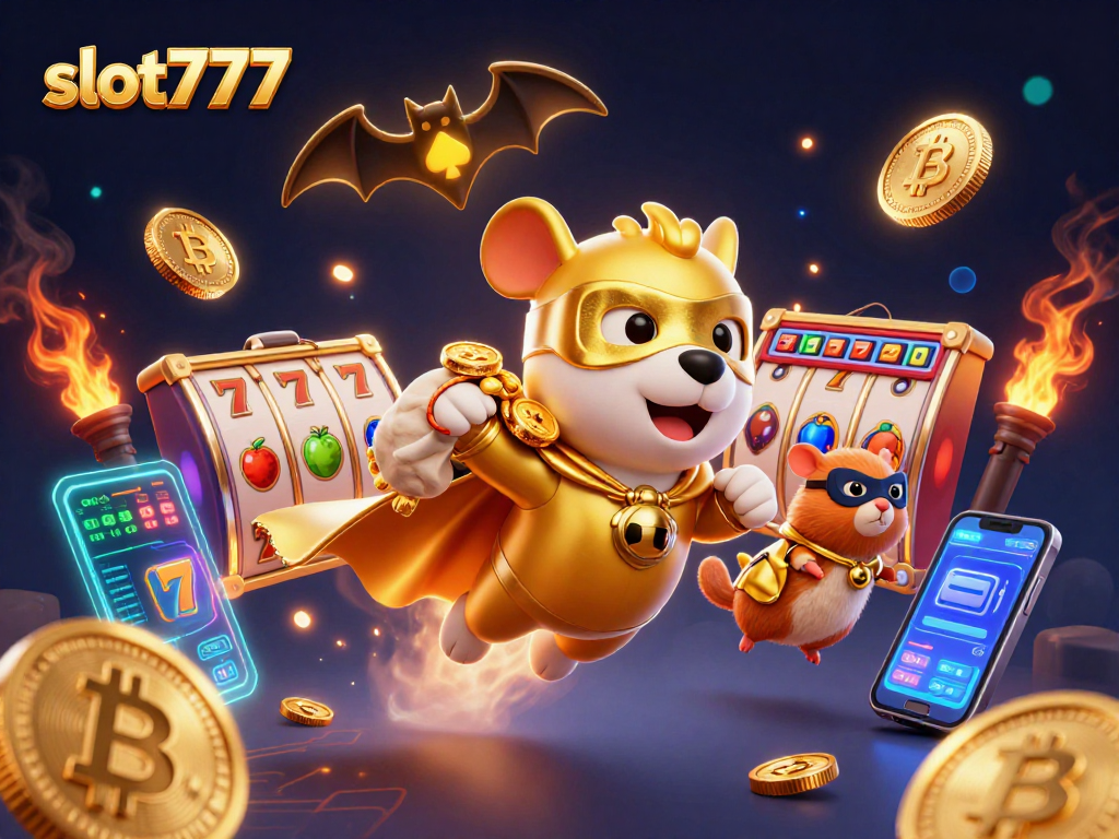 Play slot777 with a 3D superhero dog and hamster revealing massive jackpots amidst vibrant casino elements.