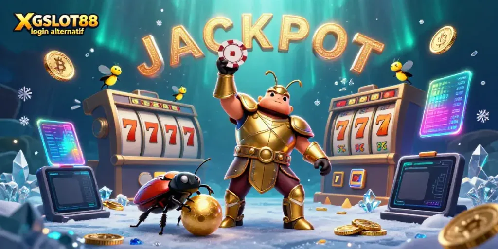 Permainan XGSLOT88 login alternatif yang meriah dengan karakter menarik, slot, dan koin crypto yang bersinar.