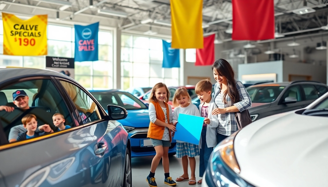 Buy New Car at a vibrant dealership with a family exploring new vehicles.