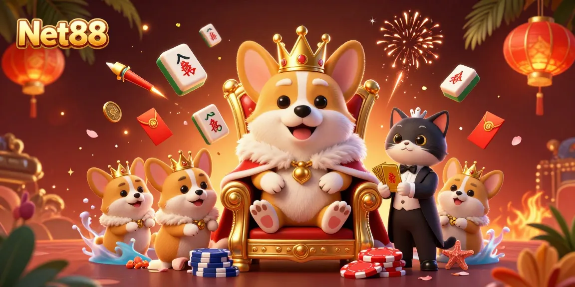 Net88 showcases a royal corgi and cat butler amidst vibrant casino elements and fireworks.