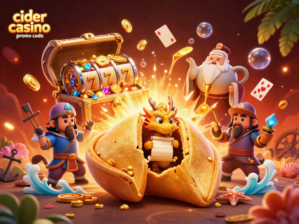 Cider casino promo code unlocks exciting bonuses in a vibrant, rich casino-themed illustration.