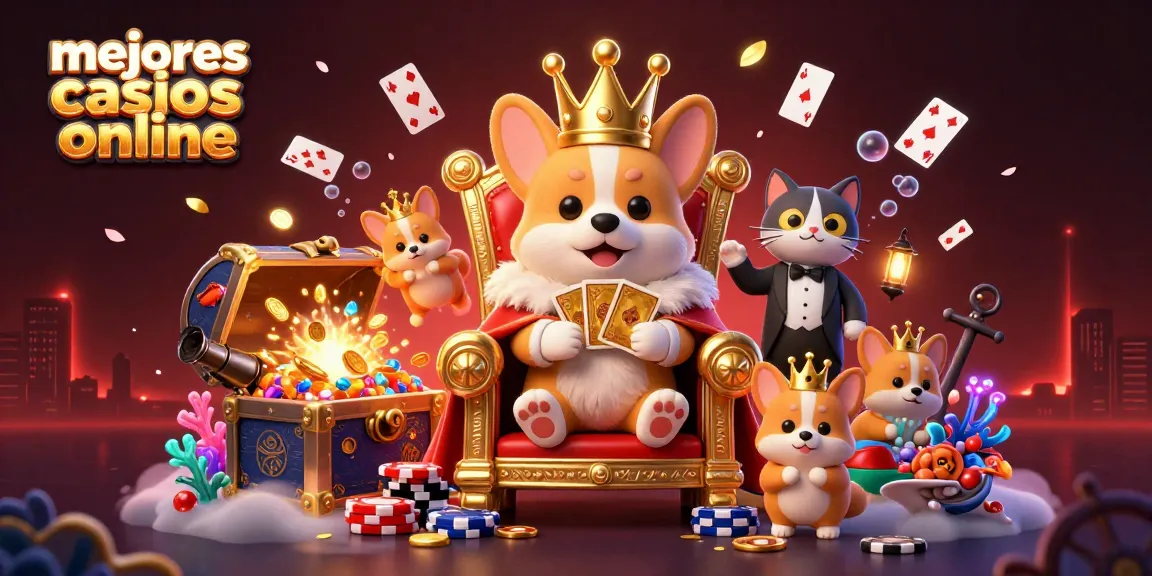 Ilustración 3D de los mejores casinos online con corgi real en trono de fichas y cartas doradas.