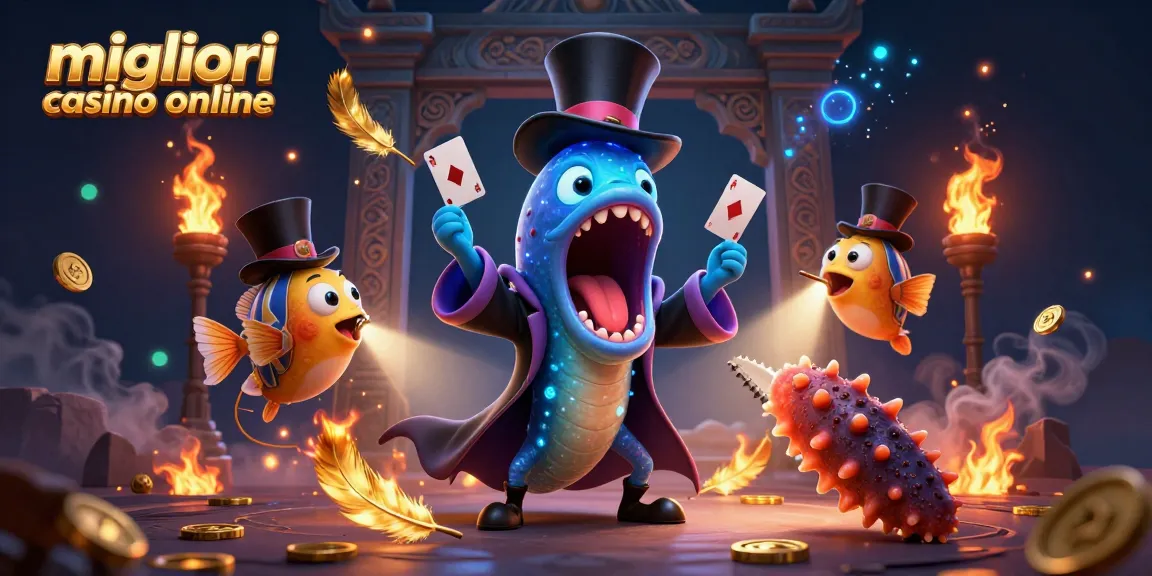 I migliori casino online offrono giochi avvincenti e divertenti, presentati in un'illustrazione dinamica con creature marine e elementi di magia.